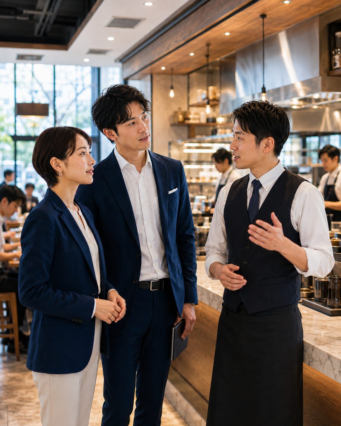 店内でスタッフと打ち合わせをする店長